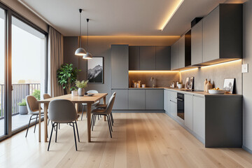 Fototapeta premium photo of a modern apartment kitchen with designer interior and furniture, luxury interior architecture design idea