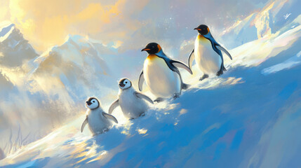 Obraz premium A penguin family sliding together down an icy hill, their feathers gleaming in the sunlight