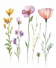 Set of watercolor minimalist wild flowers on a white background.