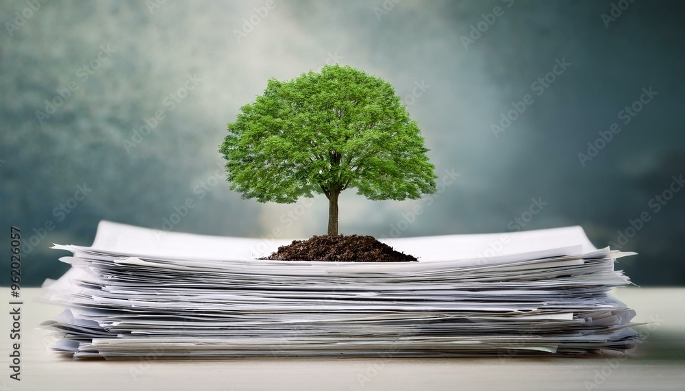Poster transitioning to a paperless office tree on a heap of paper showing environmental benefits and reduc
