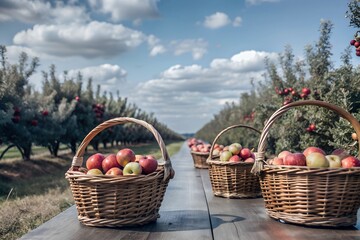 Apple Orchard with Baskets and a Blank Sky