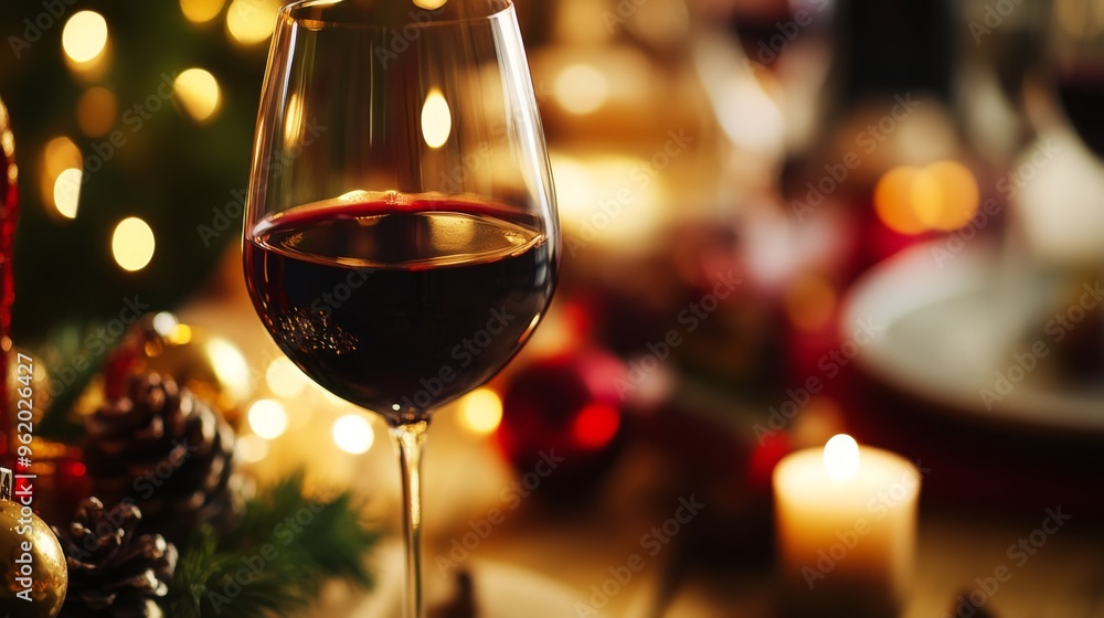 Poster close-up of a wine glass with a perfectly poured glass of red wine, with a backdrop of a festive din