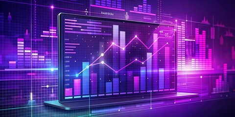 Laptop with Upward Trend Line, Line Graph, Bar Graph, Stock Market, Finance, Investment, Growth