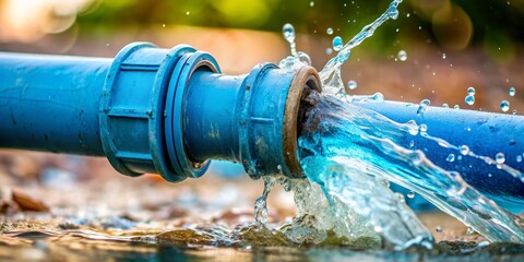 Leaking Blue Pipe with Water Splashes, Water Leak, Pipe Burst, Water Damage