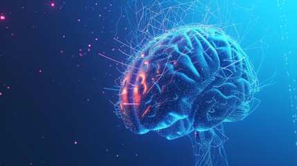 Fototapeta premium A detailed digital illustration of a brain, highlighted with neural connections, is set against a vibrant blue background. The glowing neural pathways create a futuristic and technological visual