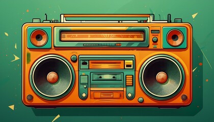 Fototapeta premium Vintage 1980s Audio Cassette Boom Box Isolated on Green Background Retro Music Player Iconic Old Fashioned Sound System Classic Nostalgic Technology Timeworn Electronic Device Wallpaper Theme