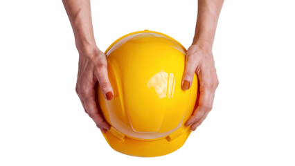 Hands holding a yellow construction helmet, isolated on transparent background
