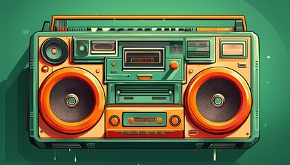 Fototapeta premium Vintage 1980s Audio Cassette Boom Box Isolated on Green Background Retro Music Player Iconic Old Fashioned Sound System Classic Nostalgic Technology Timeworn Electronic Device Wallpaper Theme