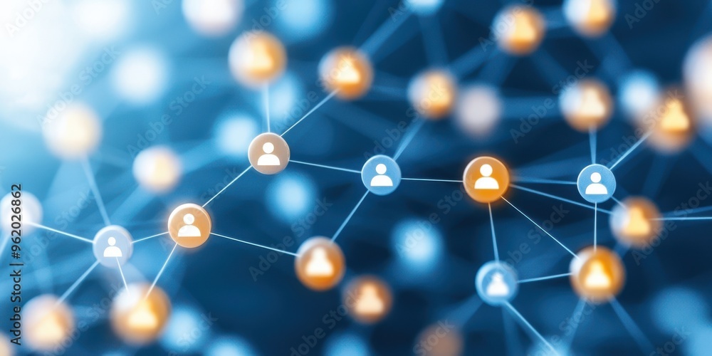 Poster abstract network connection concept with people icons and nodes in a digital space. ideal for illust
