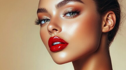 Fototapeta premium Close-up of a woman with a flawless makeup look, featuring a glowing complexion, dramatic eye makeup, and a bright red lip, showcasing her polished appearance