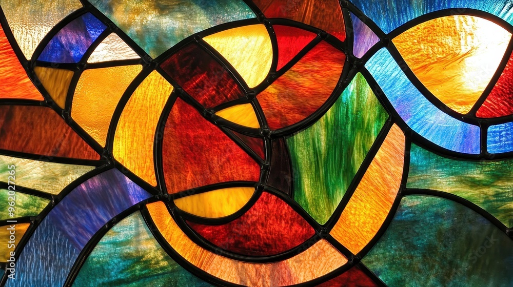 Aufkleber vibrant stained glass art with intricate geometric patterns in a dynamic color palette