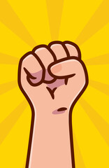 A hand in a fist cartoon style vector illustration with starburst background