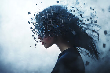 An abstract digital concept showcasing the transformation of half a woman's body dissolving into square fragments