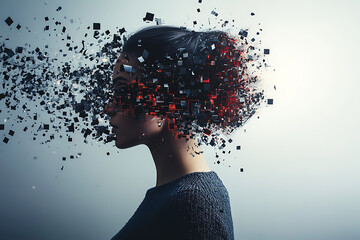 An abstract digital concept showcasing the transformation of half a woman's body dissolving into square fragments