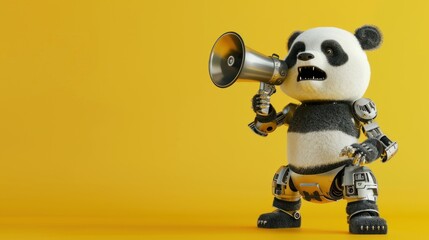 Cyborg panda holding a megaphone and shouting against a yellow background AI generated image