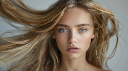 Fototapeta premium Close-up of a long-haired blonde's face against a simple neutral background. The concept of improving the appearance of hair, revealing femininity and attractiveness, developing a hairdressing busines