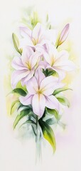 Fototapeta premium Beautiful watercolor illustration of delicate lilies against a soft pastel background, perfect for floral-themed decor.