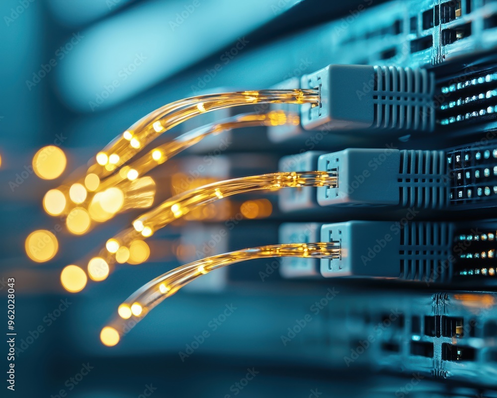 Poster close-up of glowing network cables connected to a data server, showcasing modern technology and conn