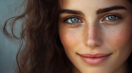 Fototapeta premium Close-up of a woman with expressive eyes and a gentle smile, emphasizing her well-defined features and natural beauty in a soft, flattering light.
