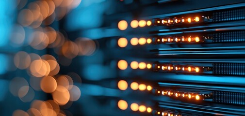 Close-up of server lights in a data center, showcasing technology, networking, and digital connectivity in a modern environment.