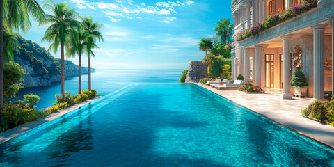 Obraz premium Luxurious villa with an infinity pool overlooking the sea, framed by palm trees and classical architecture, perfect for high-end travel and real estate.