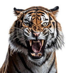 Fototapeta premium An angry tiger roaring with a scary face, isolated on transparent background