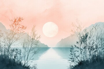 Watercolor Landscape with Silhouetted Trees and a Large Moon