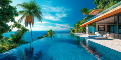 Luxurious villa with an infinity pool overlooking the sea, framed by palm trees and classical architecture, perfect for high-end travel and real estate.