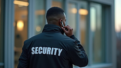 Security guard communicating on a headset outside a modern building during evening hours