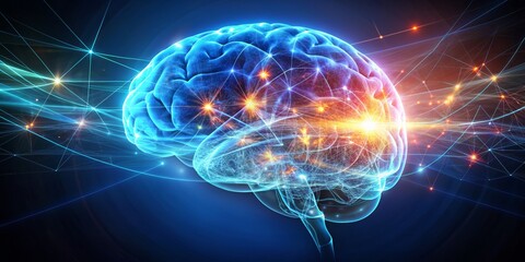 Obraz premium Neural Network Brain with Glowing Connections, Digital Art, Neuroscience, Neurology, Brainpower