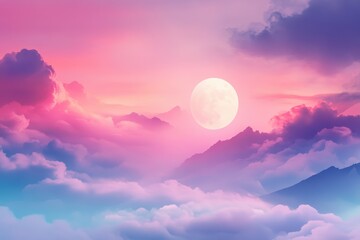 Full Moon Over Purple and Pink Clouds and Silhouetted Mountains