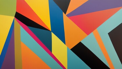 Obraz premium A striking abstract artwork featuring a vibrant mix of geometric shapes and bold colors. The composition includes various triangles and polygons in shades of yellow, blue, red, and black, creating a