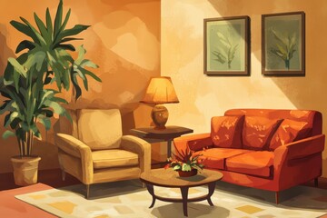 Fototapeta premium A Living Room with Orange Couch, Yellow Armchair, and Lamp