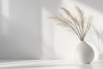 Minimalist white vase with dried grass, soft shadows