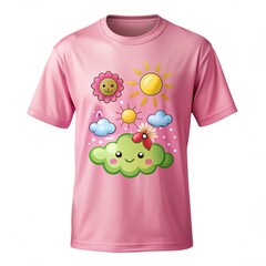 Pink T-shirt with Cute Cloud, Sun, and Flower Design, t-shirt design , cute , apparel