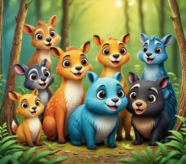 Fototapeta premium A delightful group of animated forest animals, including rabbits, squirrels, and chipmunks, gathered in a lush forest. The colorful characters and natural setting create a heartwarming and joyful