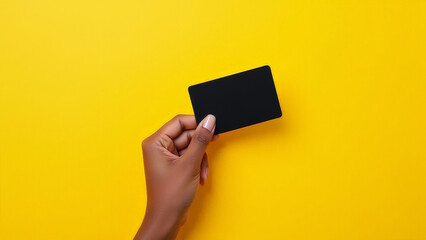 A hand holds a blank black card against a vibrant yellow background in a minimalist setup, emphasizing contrast and simplicity