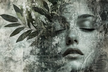 Abstract Portrait with Overlapping Leaves and Textured Background