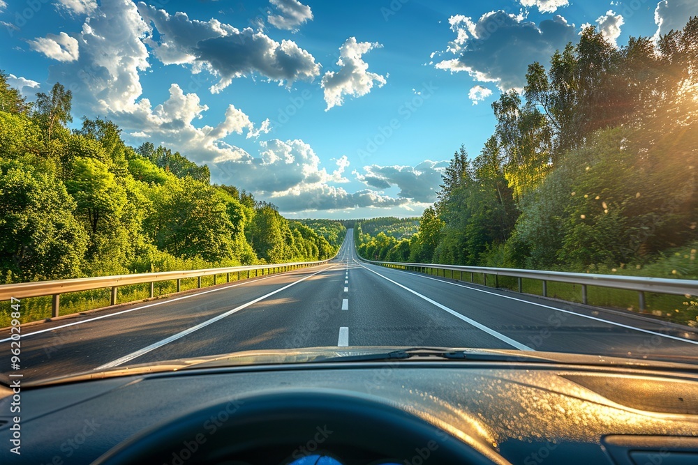 Aufkleber a dynamic point-of-view scene from inside a car driving along a scenic coastal highway. ocean views 