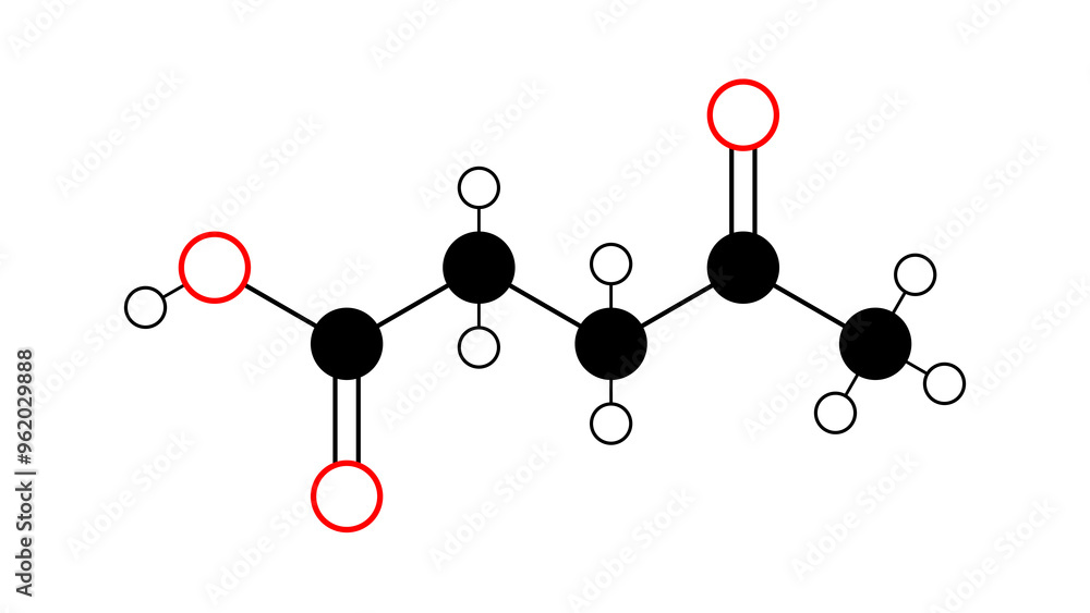 Sticker levulinic acid molecule, structural chemical formula, ball-and-stick model, isolated image keto acid