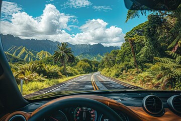 A dynamic point-of-view scene from inside a car driving along a scenic coastal highway. Ocean views and cliffs rush past, creating an exhilarating sense of movement and adventure in travel.