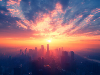 Cityscape Sunrise: A breathtaking panorama of a modern city bathed in the warm glow of a vibrant sunrise, showcasing a vibrant sky, towering skyscrapers, and a sense of hope and potential. 