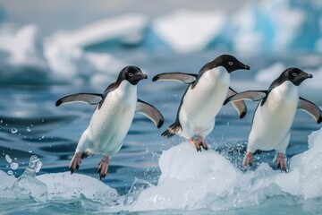 Obraz premium Adelie penguins jumping off an ice floe in the far North Pole, captured in high-definition photography.