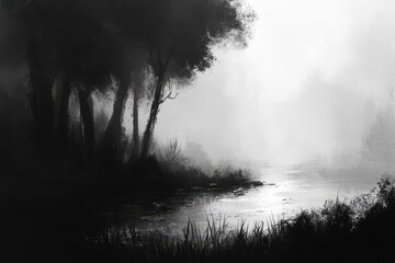 Silhouettes of Trees and Grass on a Foggy Riverbank