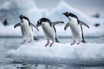 Fototapeta premium Adelie penguins jumping off an ice floe in the far North Pole, captured in high-definition photography.