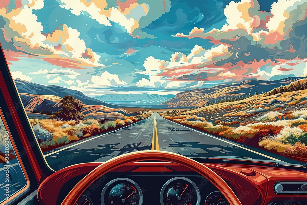 Aufkleber a dynamic point-of-view scene from inside a car driving along a scenic coastal highway. ocean views 