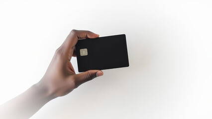 A black person's hand holds a sleek black card against a white background, showcasing modern financial technology and minimalistic design in an urban setting