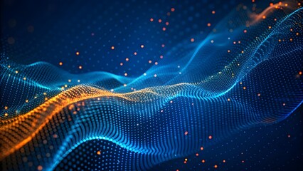 Abstract wave shape on a low-polygonal triangular background for design on the topic of big data, metaverse, network security, and data transfer on dark blue abstract modern cyberspace background