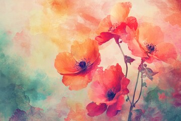Watercolor Painting of Red Flowers on a Colorful Background