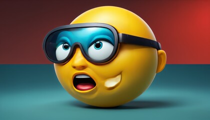 A playful yellow emoji with a surprised expression dons VR goggles, blending digital culture and advanced technology to depict a fun and modern interaction.. AI Generation